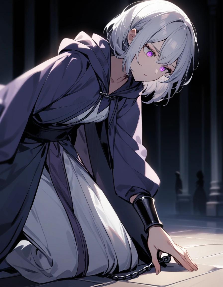 mysterious hooded woman, extending her hand to help a small white-haired Greek boy with violet eyes, who is kneeling on the floor and chained by his
arms