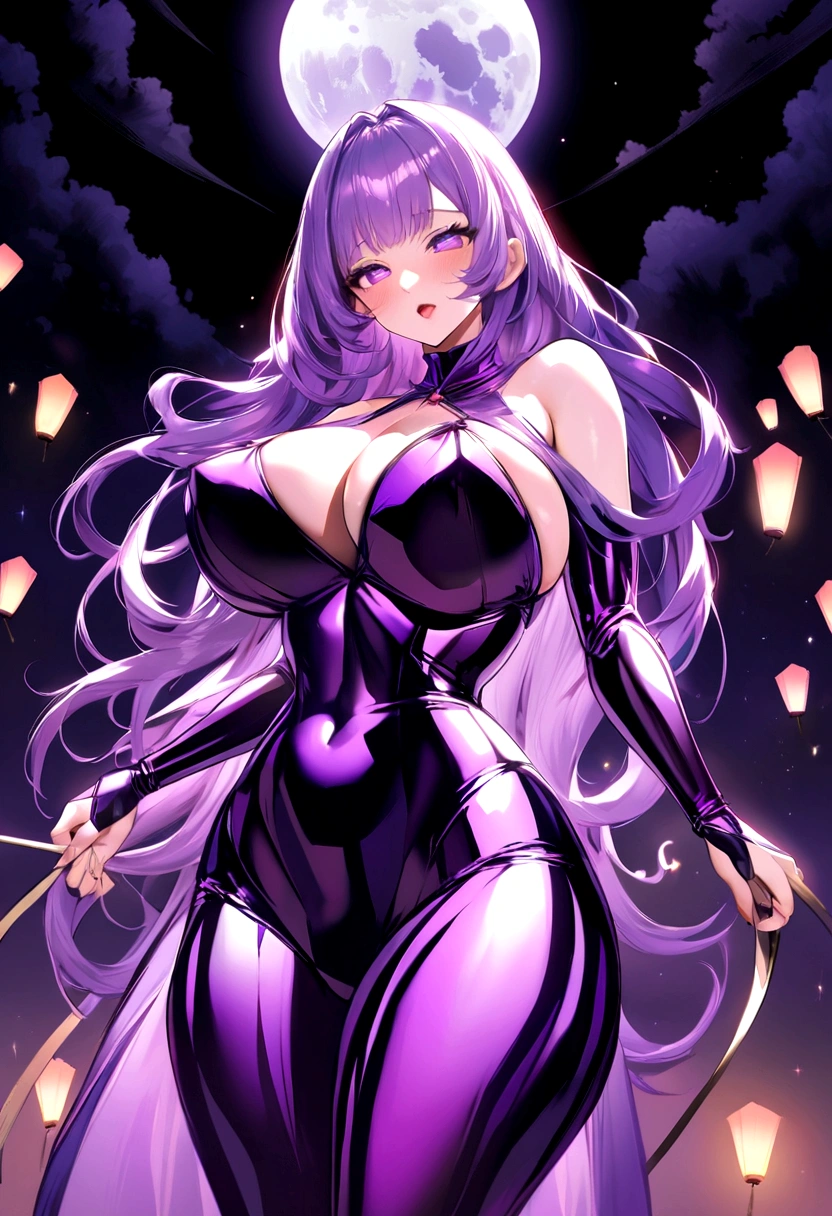 Create a digital artwork of a voluptuous female character with massive breasts in an anime-inspired style. The character should have long, flowing purple hair and large, expressive purple eyes. She should be wearing a tight, glossy black latex bodysuit that accentuates her curves. The art style should be a blend of anime and semi-realism, with: Smooth, detailed shading: Use gradients to create depth and volume in the character's form. Sharp, precise line work: Clean lines to define the character's features and outfit. Realistic lighting effects: Emphasize the reflective quality of the latex outfit with highlights and glossy reflections. Soft, ambient background: Set the scene in a nighttime environment with a full moon, cherry blossom trees, and lanterns. The background should have a soft, romantic glow with bokeh effects to enhance the dreamy atmosphere. Color vibrancy: Use rich, vibrant colors for the character and background to make the image pop. Ensure the character's expression is slightly open-mouthed, giving a seductive and confident look. The overall mood should be bold and captivating, with a high level of detail and polish in the final artwork. The character shouls hold a leash thats going to the ground