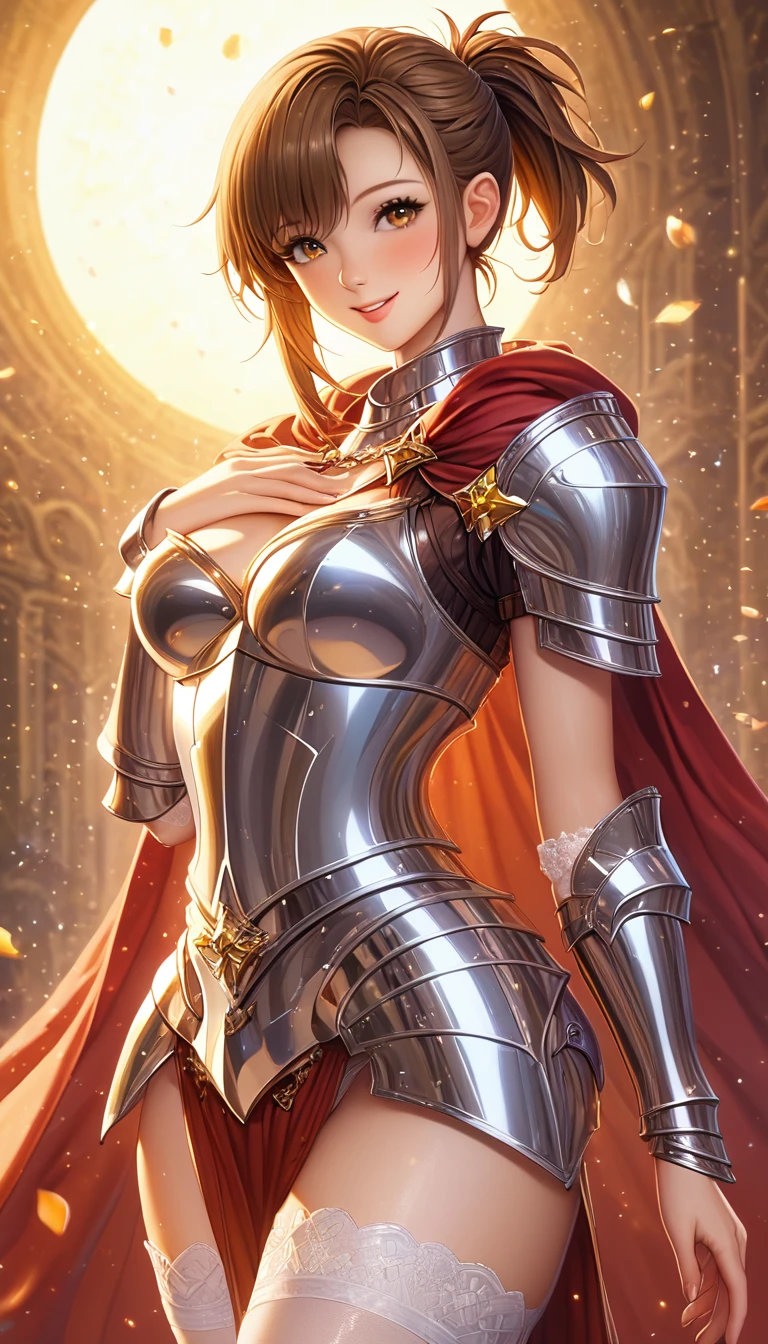 Asuna, Asuna_(Star), (1 Girl,Solitary) ,fantasy, high resolution, No.19,  The original, (Wear at waist:1.3), Smile, (White Knight Wizard Cape:1.5), short hair, Medium breasts, Looking at the audience, Bangs ,Delicate hazel eyes, Beautiful background, ((morning sun,Western-style private room)), Put your hands on your chest,(Brown hair,Short Ponytail:1.5), (Platinum Knight Wizard Fully Armored:1.55),short hair, permanent,straight on, Abeke,(whole body:1.1), White stockings,(Abeke:1.4),