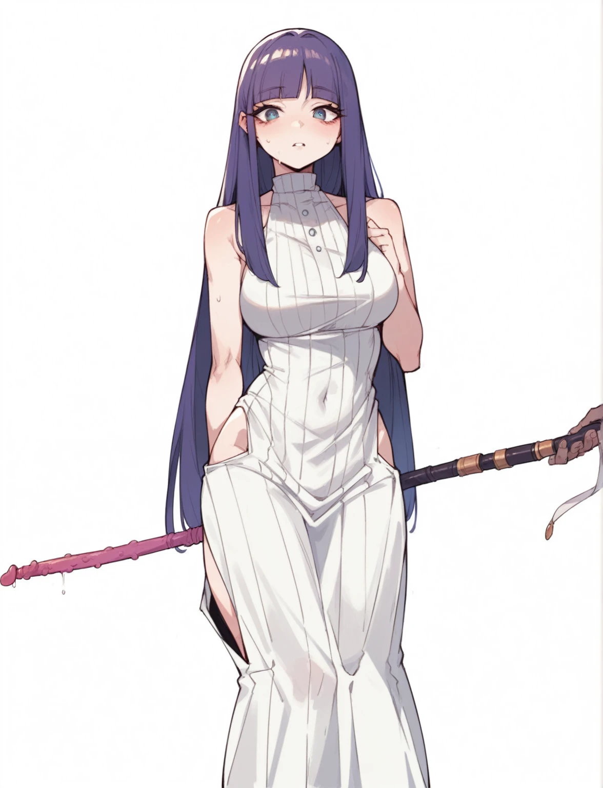(masterpiece, best quality:1.2), cowboy shot, solo, 1girl, saeko busujima, sexy, NSFW, virgin killer sweater, revealing outfit, big breasts, katana, sexy back, sleeveless, minimal clothing, ponytail, beautiful, wardrobe malfunction, looking at viewer, absurdres, high res, ultrasharp, 8k, masterpiece