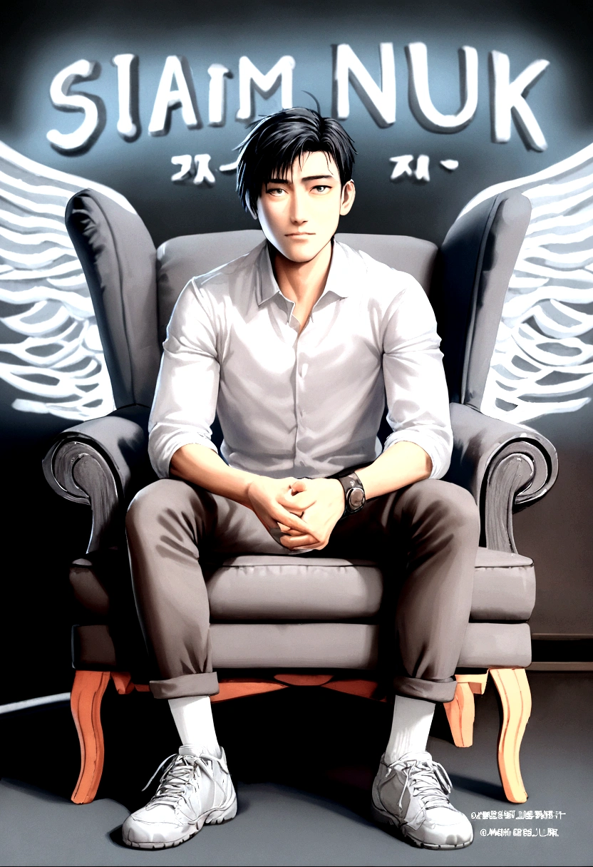 arafed man sitting in a chair with a wing on his arm, young wan angel, sitting on his throne, siwoo kim, inspired by Kim Hwan-gi, andrew thomas huang, inspired by Joong Keun Lee, handsome chad chin, inspired by Adam Dario Keel, inspired by Kim Eung-hwan, inspired by Raymond Han, official fanart