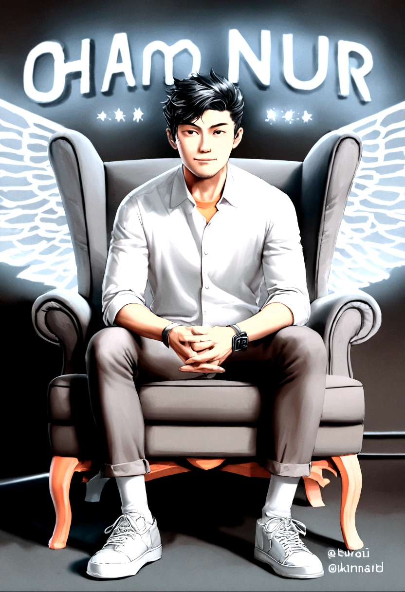 arafed man sitting in a chair with a wing on his arm, young wan angel, sitting on his throne, siwoo kim, inspired by Kim Hwan-gi, andrew thomas huang, inspired by Joong Keun Lee, handsome chad chin, inspired by Adam Dario Keel, inspired by Kim Eung-hwan, inspired by Raymond Han, official fanart