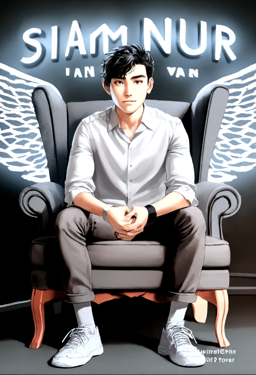 arafed man sitting in a chair with a wing on his arm, young wan angel, sitting on his throne, siwoo kim, inspired by Kim Hwan-gi, andrew thomas huang, inspired by Joong Keun Lee, handsome chad chin, inspired by Adam Dario Keel, inspired by Kim Eung-hwan, inspired by Raymond Han, official fanart