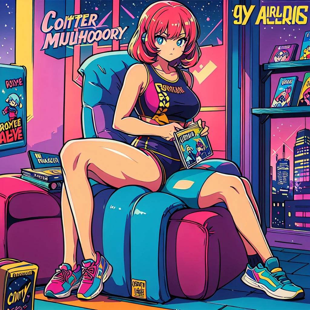 (masterpiece), Highest quality, Expressive eyes, Neon pastel aesthetics, Retro 90s, Neon color,((Girl sitting on sofa,In a cozy room,Records hanging on her wall, Comic books on the floor, Looking out the window behind her at the night city, Upholstered room, Anime figures lined up on a shelf)), Wearing headphones, (All around her it sparkles), (wearing thick colorful sneakers), (blue eyes), (Soft look), (Synthwave Art Style), Colorful Hair, Desk with PC set up