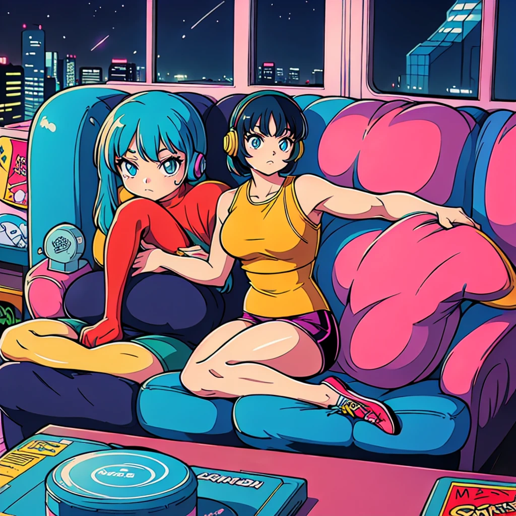 (masterpiece), Highest quality, Expressive eyes, Neon pastel aesthetics, Retro 90s, Neon color,((Girl sitting on sofa,In a cozy room,Records hanging on her wall, Comic books on the floor, Looking out the window behind her at the night city, Upholstered room, Anime figures lined up on a shelf)), Wearing headphones, (All around her it sparkles), (wearing thick colorful sneakers), (blue eyes), (Soft look), (Synthwave Art Style), Colorful Hair, Desk with PC set up