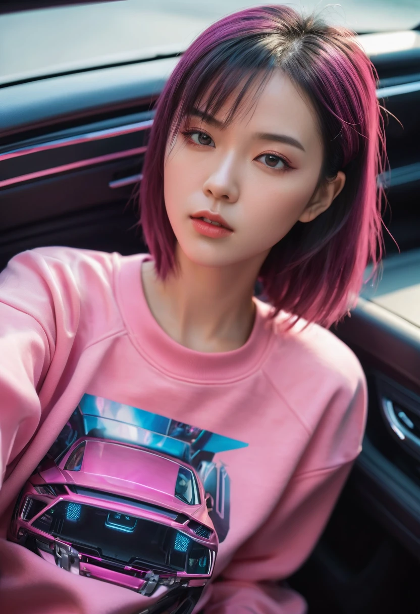 High angle shot of a beautiful young woman in cyberpunk style, Realistic skin texture, Look up;Inquire,Pink sweatshirt,Pose in the car, 1 / 2 Body cutting, 8 5mm art lens, 1. 2, Clear focus, 8K HD, Extremely detailed, complex, elegant, Liu Zhiwei and the Art of Cyberpunk