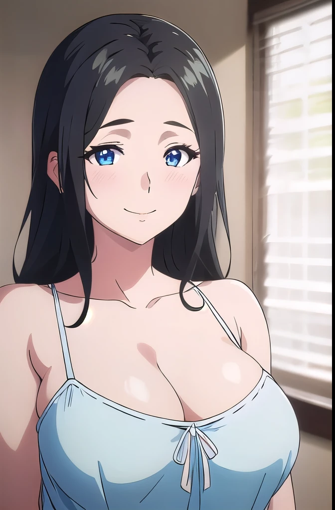 masterpiece, (best quality), 1woman,1girl ,haruhiko_ichijou_mother, black hair, long hair, (blue eyes), big breasts, sexy woman, smile, hair between eyes, embarrassed, blush, lingerie, vibrant colors, natural lighting, RTX, beautiful, (detailed face:1.2), showcase, (perfect eyes:1.1) ,(photorealistic:1.1), 8k UHD, looking at the viewer, indoors, simple background,