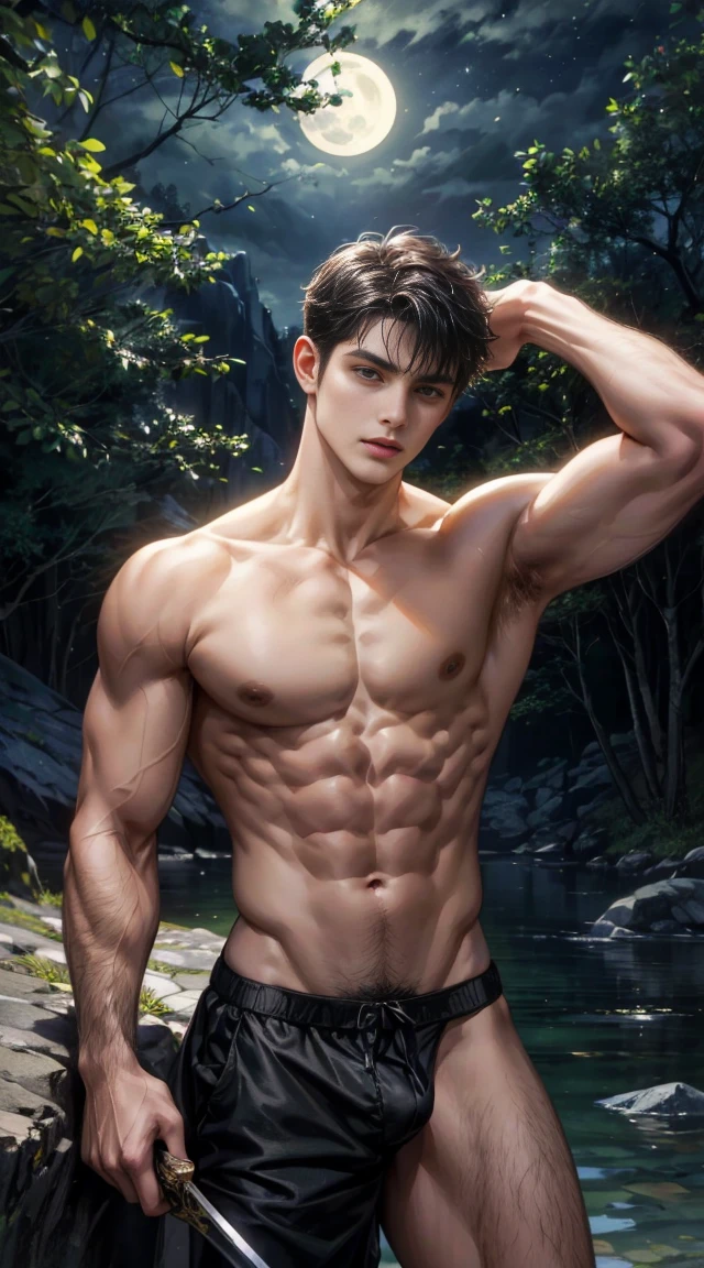 (best quality, masterpiece, highres:1.2), beautiful:1.5, shirtles, black short hair:1.5, under the moonlight in a deep forest, no one around, looking at the viewer,symmetrical eyes, at night, holding a sword in his hand, wearing thong, handsome, leaning against rock