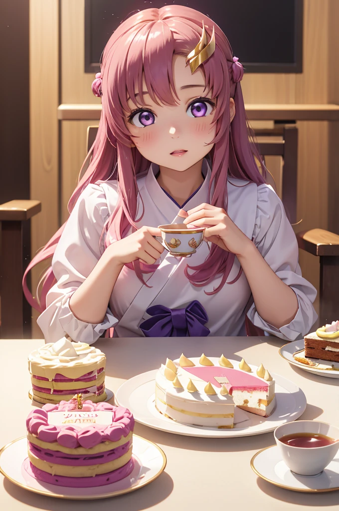 momoko suou (million live), 1 girl, Solo, 11 years old, Lori, , Cute Girl,Best Quality, Ultra-detailed, 8K, High resolution, lacus clyne, (purple eyes:1.1), hair ornament, long hair, wave hair ornament, pink hair,tea time、Delicious Birthday Cake