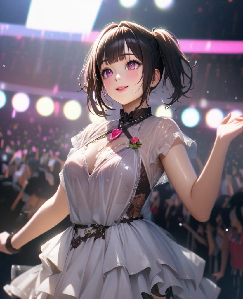 One Girl、Looking at the audience、lovely,
Beautiful pink eyes、short twin tail hair , Mole under the eye、Plump and glossy lips、Heart-shaped choca、Idol、Her name is Rico,smile、ー、。.。.。.。.。.。.。.。.。.。.。.。.。.。.。.。.。.。.3D、Realistic、
The idol's costume was soaked in the heavy rain, and her chest was wet and transparent.Heavy rain at outdoor concert, Drape clothes、gem、The decoration has been removed、Floral、Lace trim,On a glittering stage、
masterpiece、highest quality、8k、Detailed skin texture、Detailed cloth texture、Beautifully detailed face、Intricate details、Very detailed、
超A high resolution、8k Ultra HD、Film Grain、Best Shadow、delicate、Gazing at the audience、front