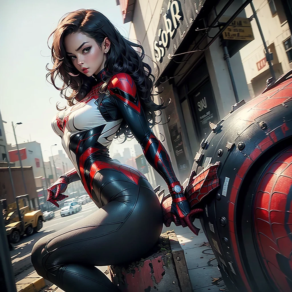 Beautiful woman detailed defined body using spider man cosplay, big breasts, wide hips, big butt