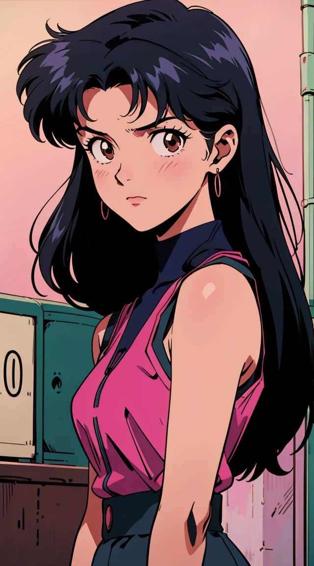 Highest image quality, 90s style anime, 24 year old girl, Misato Katsuragi Style, black hair, shoulder-length hair, brown eyes, with a pink sleeveless, 90s fashion, busy street, 90s street 