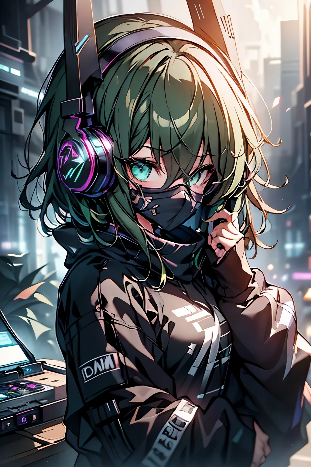 anime, deejaying girl, dj, dj girl, headphones, rave, (highest picture quality),masterpiece,best quality,extremely detailed CG wallpaper, ultra_detailed,(Cinematic Lighting:1.1), (cold face), green eyes, 1girl, solo, dark-green_hair, short_hair, masterpiece, best quality, glasses