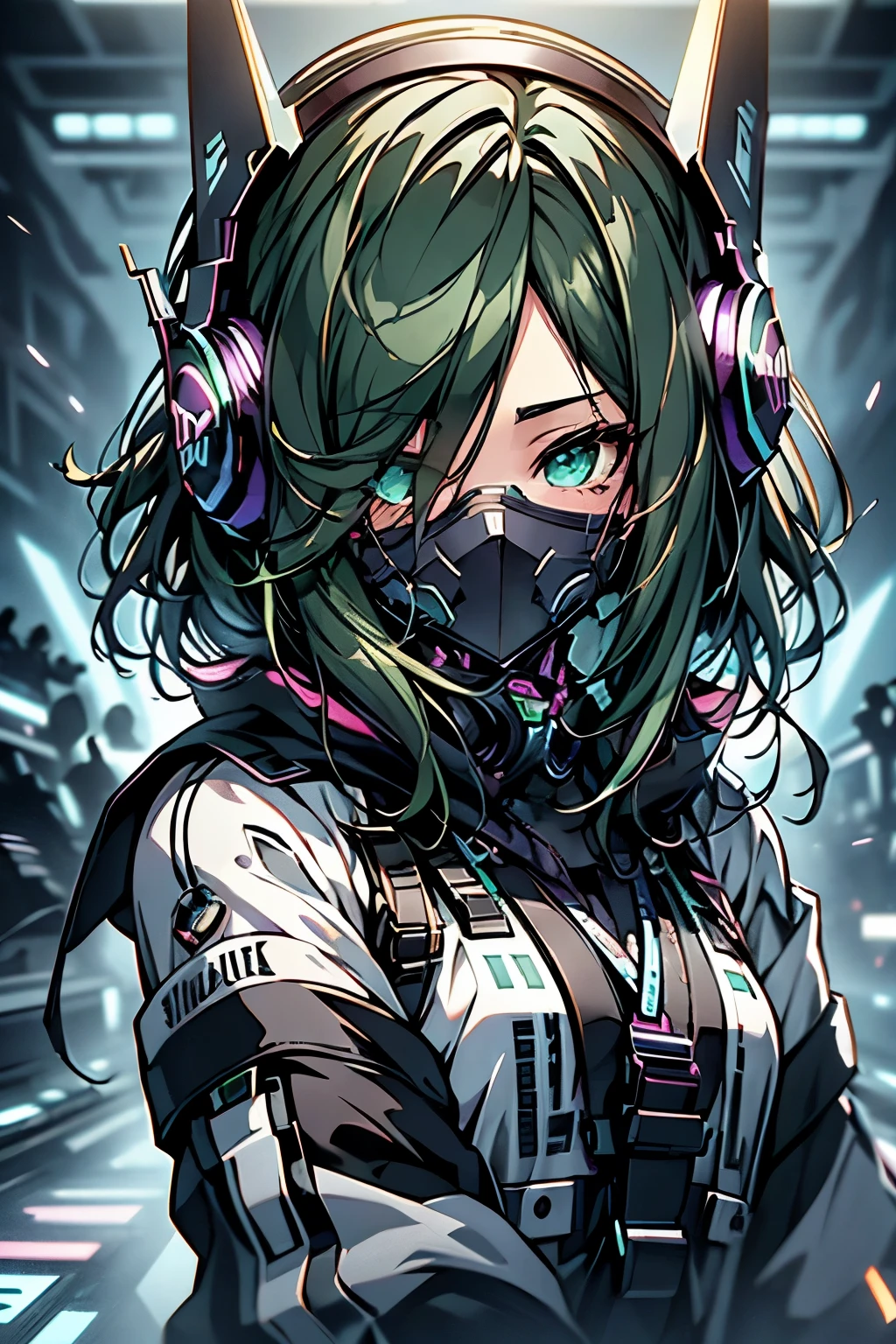 anime, deejaying girl, dj, dj girl, headphones, rave, (highest picture quality),masterpiece,best quality,extremely detailed CG wallpaper, ultra_detailed,(Cinematic Lighting:1.1), (cold face), green eyes, 1girl, solo, dark-green_hair, short_hair, masterpiece, best quality, glasses