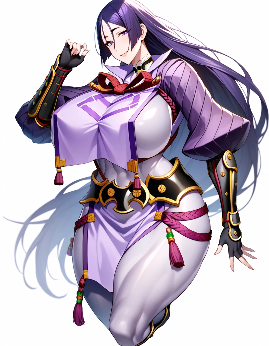 1girl,solo,perfect,high quality,faultless,
raikou, raikou, parted bangs, purple eyes, purple hair, long hair, hime cut, forehead, mature female,
arm guards, armor, black gloves, bodysuit, fingerless gloves, gloves, japanese armor, kote, loincloth, purple bodysuit, ribbed sleeves, tabard, toned,mother,maternal,maternal instinct,Super huge breasts,whipped thighs,smile,soft expression,full body,looking at viewer,lecherous look,sexual eye contact,bewitching look,SFW,white background