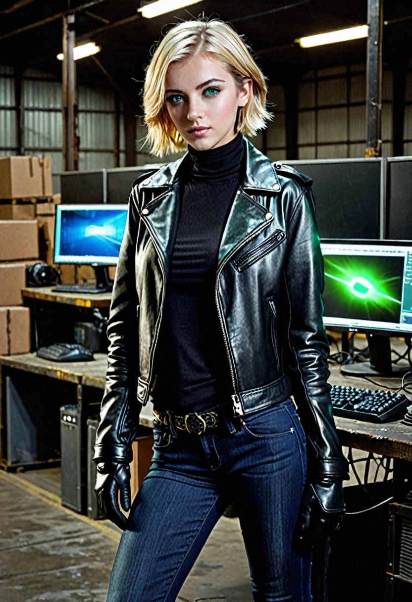 1girl, blonde hair, short hair, green eyes, her left eye glowing, 21 years old, leather jacket, gloves, black gloves, jeans,,boots, dark warehouse, 1 computer with three monitors