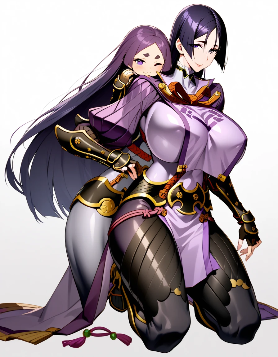 1girl,solo,perfect,high quality,faultless,
raikou, raikou, parted bangs, purple eyes, purple hair, long hair, hime cut, forehead, mature female,
arm guards, armor, black gloves, bodysuit, fingerless gloves, gloves, japanese armor, kote, loincloth, purple bodysuit, ribbed sleeves, tabard, toned,mother,maternal,maternal instinct,Super huge breasts,whipped thighs,smile,soft expression,full body,looking at viewer,lecherous look,sexual eye contact,bewitching look,SFW,white background