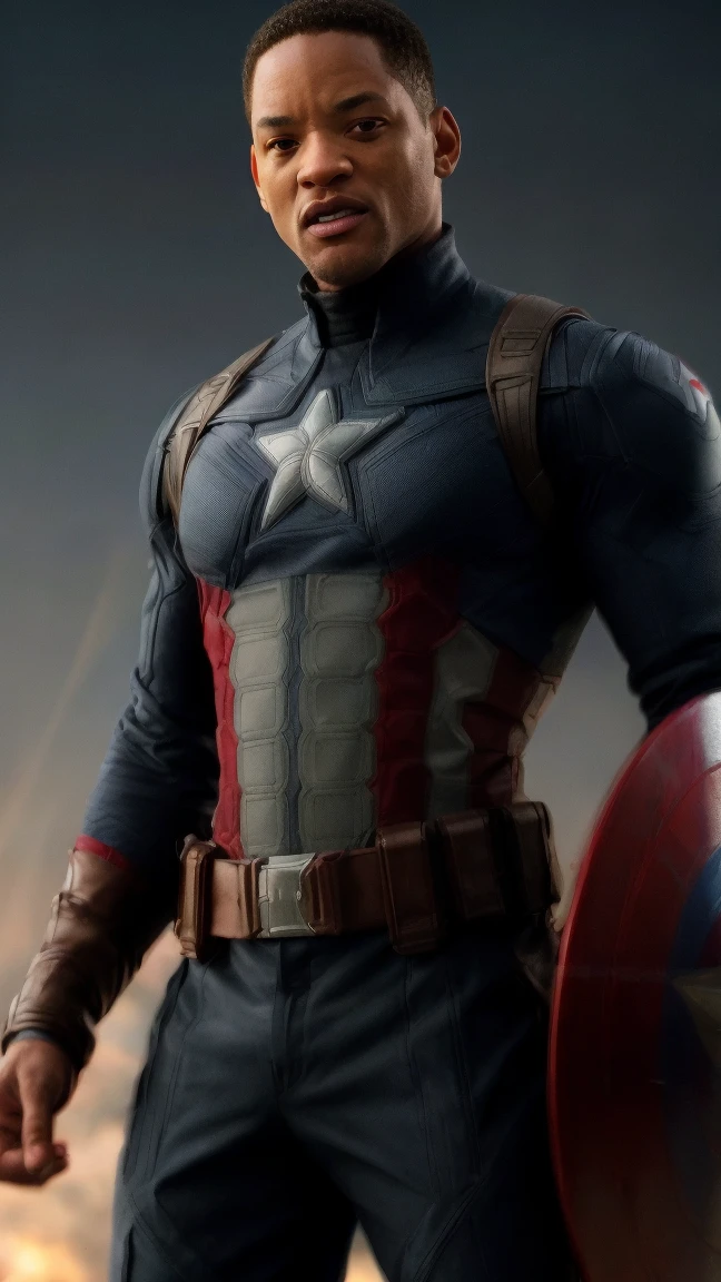. .Tarantino style Will Smith as Captain America 8k, high definition, detailed face, detailed face, detailed eyes, detailed suit, in style of marvel and dc, hyper-realistic, + cinematic shot + dynamic composition, incredibly detailed, sharpen, details + superb details + evening with light + perfectionism + award winning realism ((moody lighting))