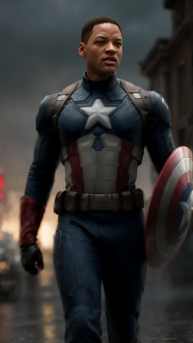 . .Tarantino style Will Smith as Captain America 8k, high definition, detailed face, detailed face, detailed eyes, detailed suit, in style of marvel and dc, hyper-realistic, + cinematic shot + dynamic composition, incredibly detailed, sharpen, details + superb details + evening with light + perfectionism + award winning realism ((moody lighting))