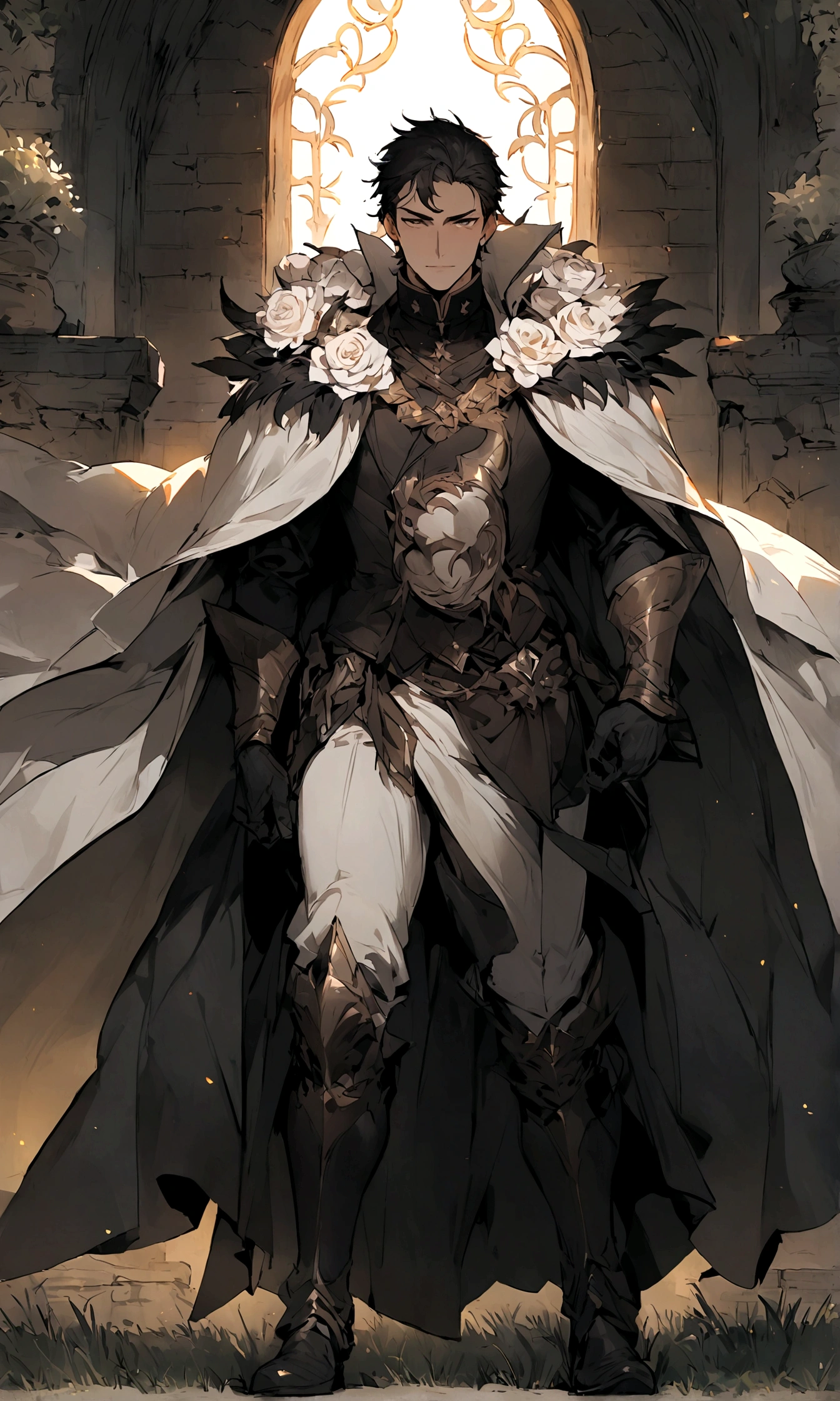 (high resolution), masterpiece, ((Handsome man)),tall and big,Short dark hair,Handsome,Anime eyes, Hero costumes,cloak, knight,(Outdoor Lawn),one person, White Rose,Meticulous characters, Art