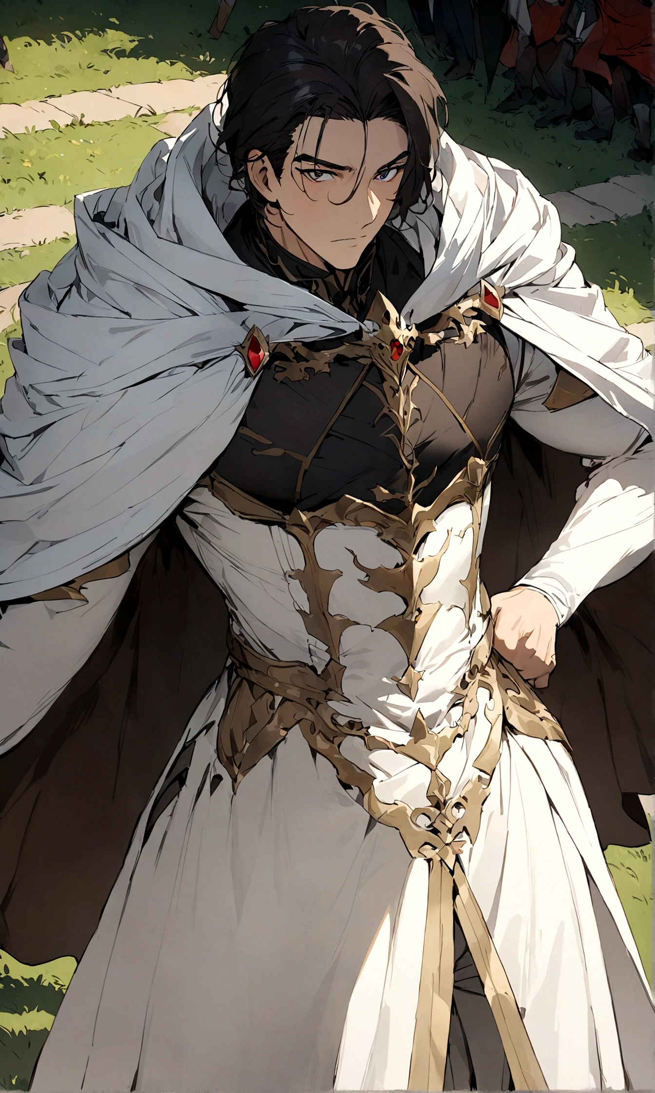 (high resolution), masterpiece, ((Handsome man)),tall and big,Short dark hair,Handsome,Anime eyes, Hero costumes,cloak, knight,(Outdoor Lawn),one person, White Rose,Meticulous characters, Art
