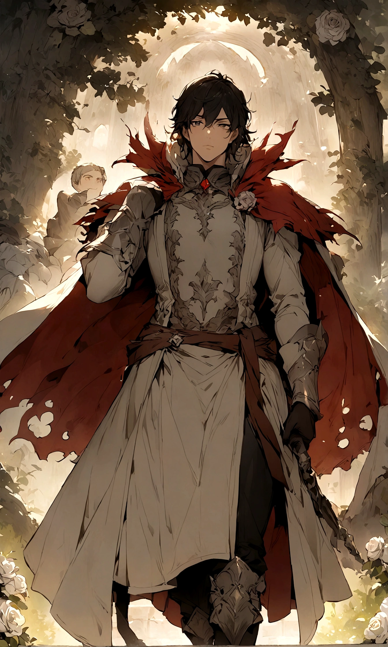 (high resolution), masterpiece, ((Handsome man)),tall and big,Short dark hair,Handsome,Anime eyes, Hero costumes,cloak, knight,(Outdoor Lawn),one person, White Rose,Meticulous characters, Art