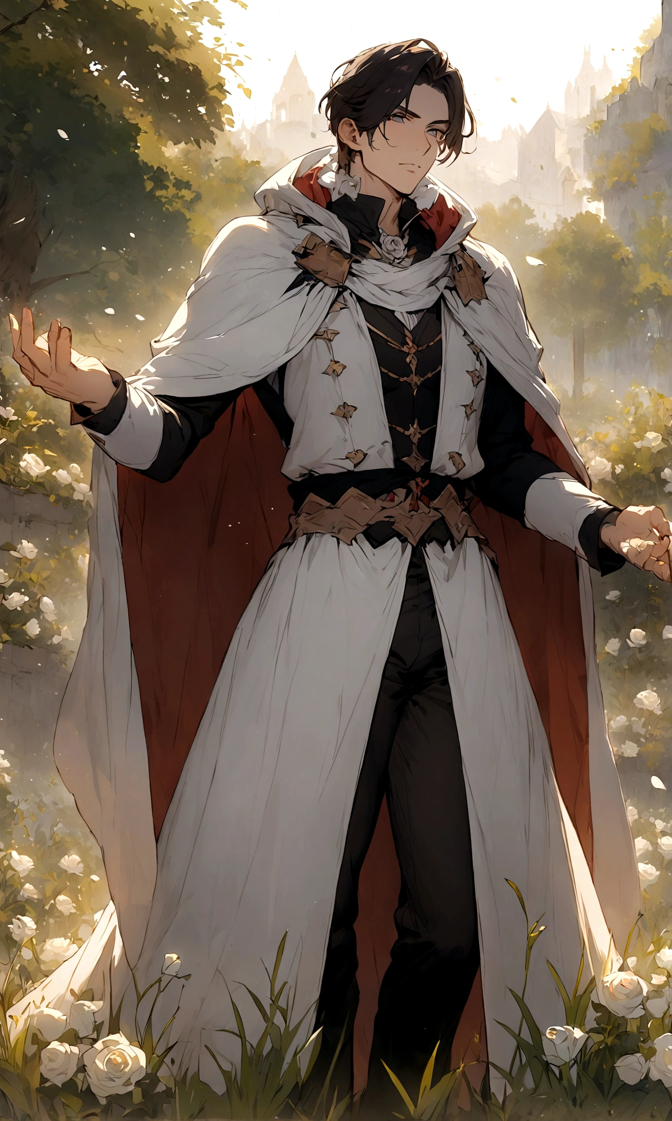 (high resolution), masterpiece, ((Handsome man)),tall and big,Short dark hair,Handsome,Anime eyes, Hero costumes,cloak, knight,(Outdoor Lawn),one person, White Rose,Meticulous characters, Art
