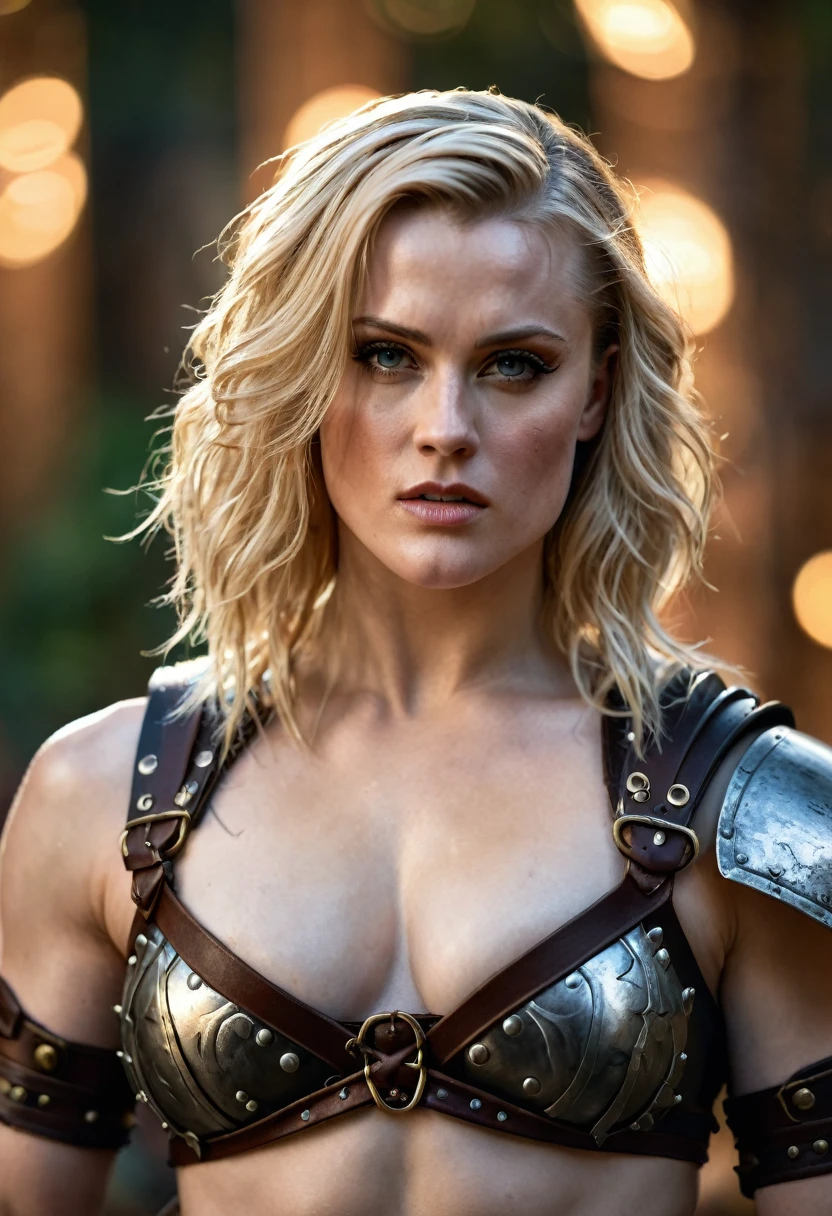 Looks like Evan Rachel Wood, A beautiful barbarian woman, blonde hair, punk hair, sword and sorcery, skimpy armour, high detail face, high detail skin, muscle definition, high resolution, photo-realistic, cinematic lighting, depth of field, bokeh