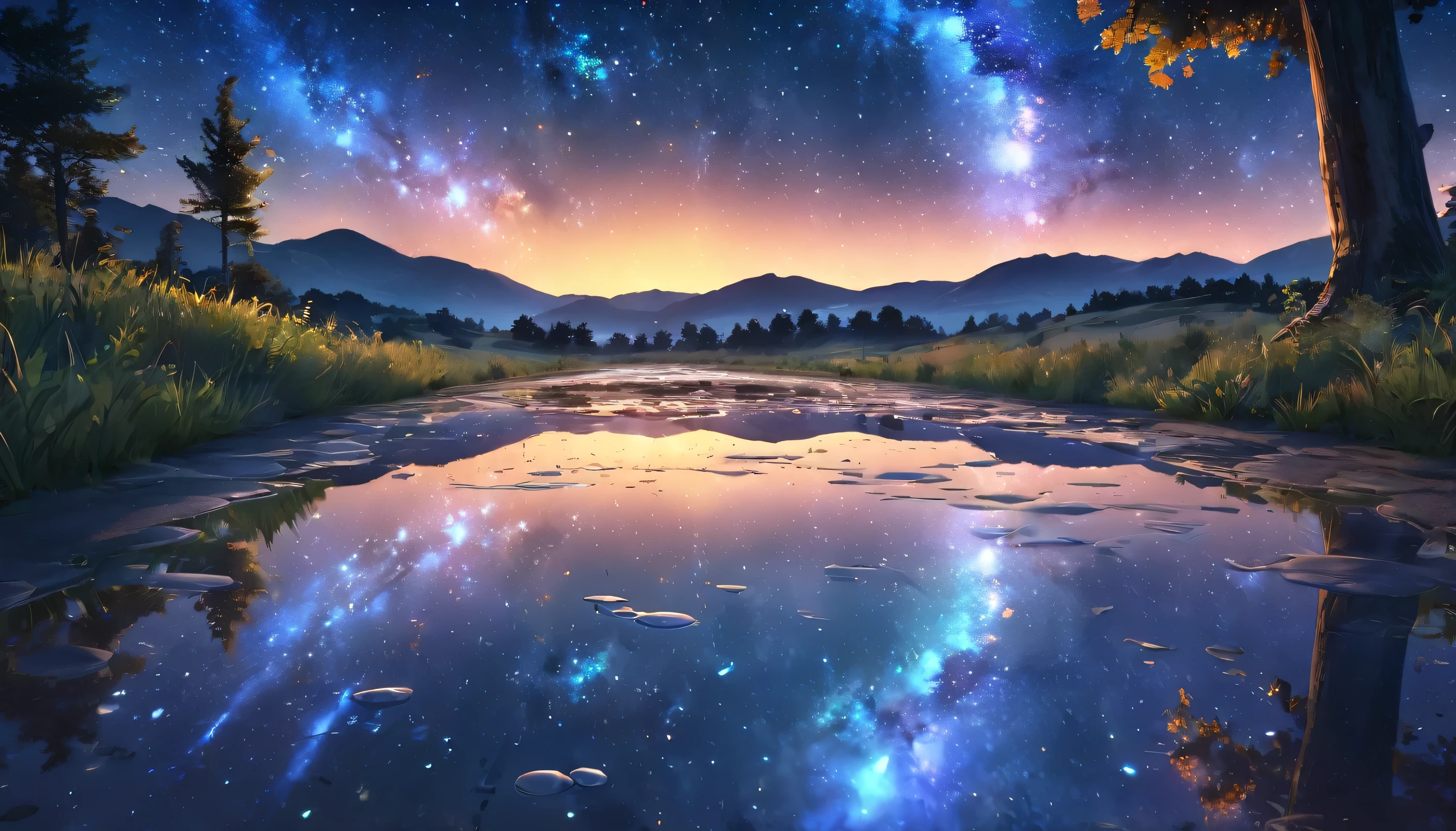 reflection of stars in puddle, anime, distant scene, (best quality,4k,8k,highres,masterpiece:1.2),ultra-detailed,(realistic,photorealistic,photo-realistic:1.37),longeyelashes,fantasy landscape,starry night sky,moonlight,glowing puddle,warm lighting,vibrant colors,dreamy atmosphere,ethereal,whimsical