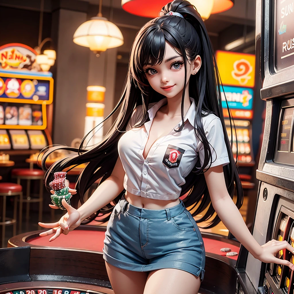 (masterpiece, best quality, high resolution), 19 years old, indonesia school girls, standing and teasing, perfect eyes, indonesia face, smile, laugh, mix colour hair, colourfull casino, poker, gambling, slot machine, baccarat, roulette, customer service, flirting you