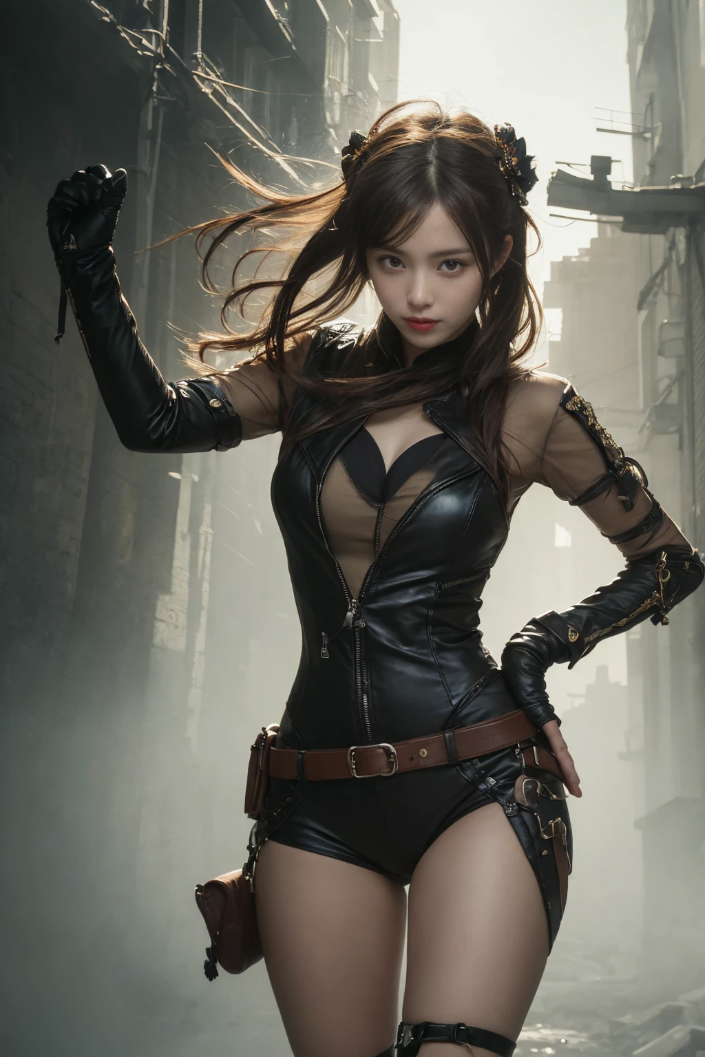 Tabletop, Highest quality, figure, Super detailed, In detail, High resolution, 8k wallpaper, Perfect dynamic composition, Beautiful attention to detail, Trendy women's winter fashion,Hair Bun,Small breasts Natural color Lips, Sexy pose,smile,Harajuku、20-year-old girl、cute、Looking at the camera