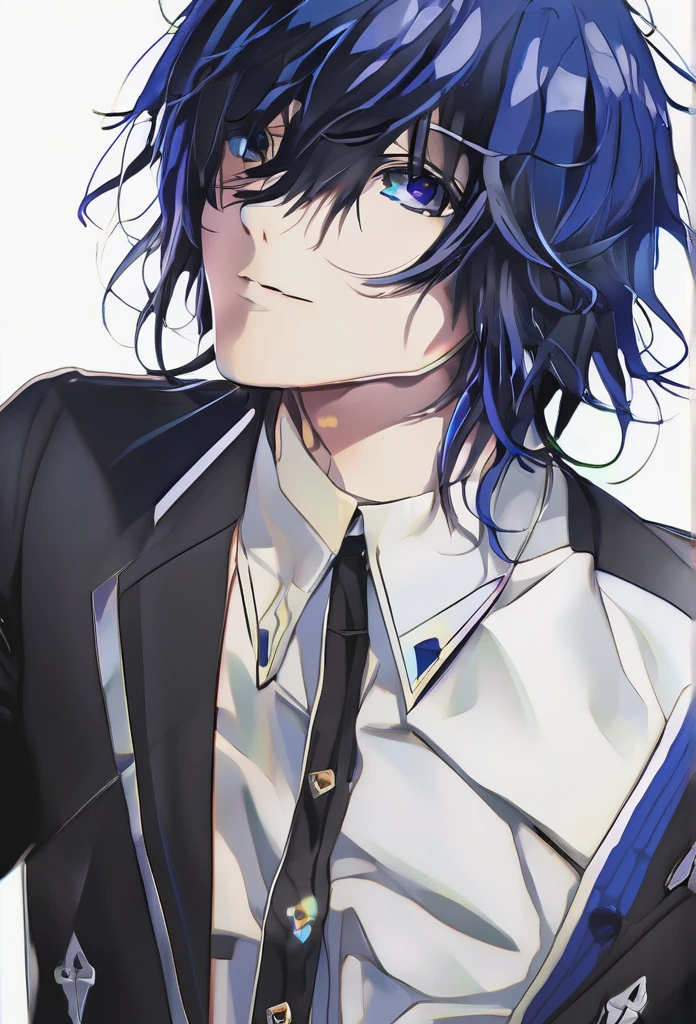 Anime ai guy has a combination of black and dark blue hair, has black eyes