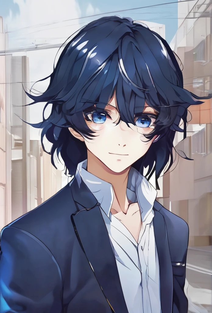 Anime ai guy has a combination of black and dark blue hair, has black eyes