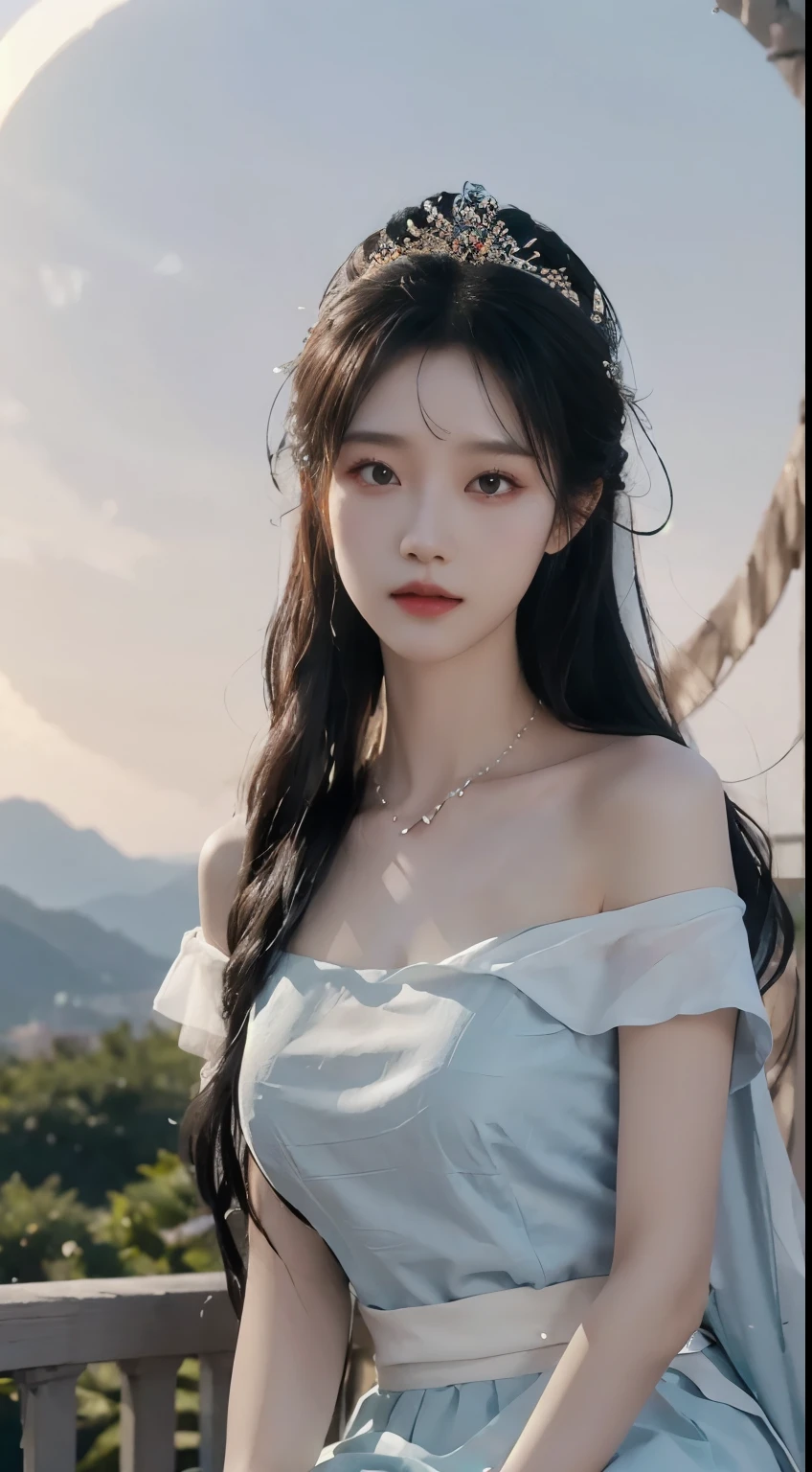  night, Deep blue sky, Red dress, Long skirt at chest, long black hair, long hair and waist, Beautiful girl, God, god, White headdress, Sitting on the railing, hair, side fringe, scarf, hair ornament, Forehead Gem, Baolai Jewelry Branch, crescent hair ornament, fish hair ornament, God ray, flash, movie lighting, Lens flare, Ultra HD, High Detail, high quality, high resolution, best quality, 8K, 16K, High Detail, high quality, high quality, Super Detail, Anatomically correct, masterpiece, precise