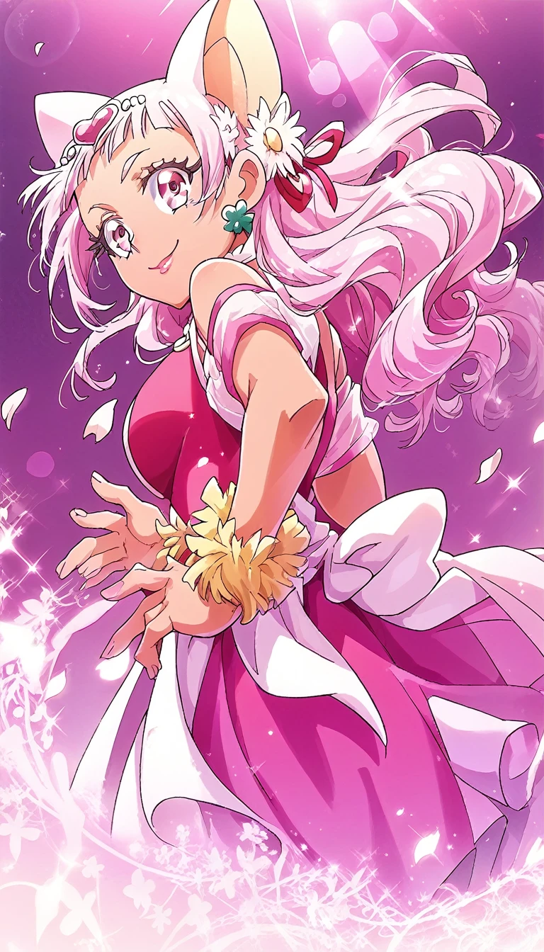 score_9, score_8_up, score_7_up, cure yell, night, ruined building, sparkles, glitters, multicolored background, shiny, glowing, lens flare, petals, pink background, pink theme,put hands on hip , from side ,smile ,rouge lip