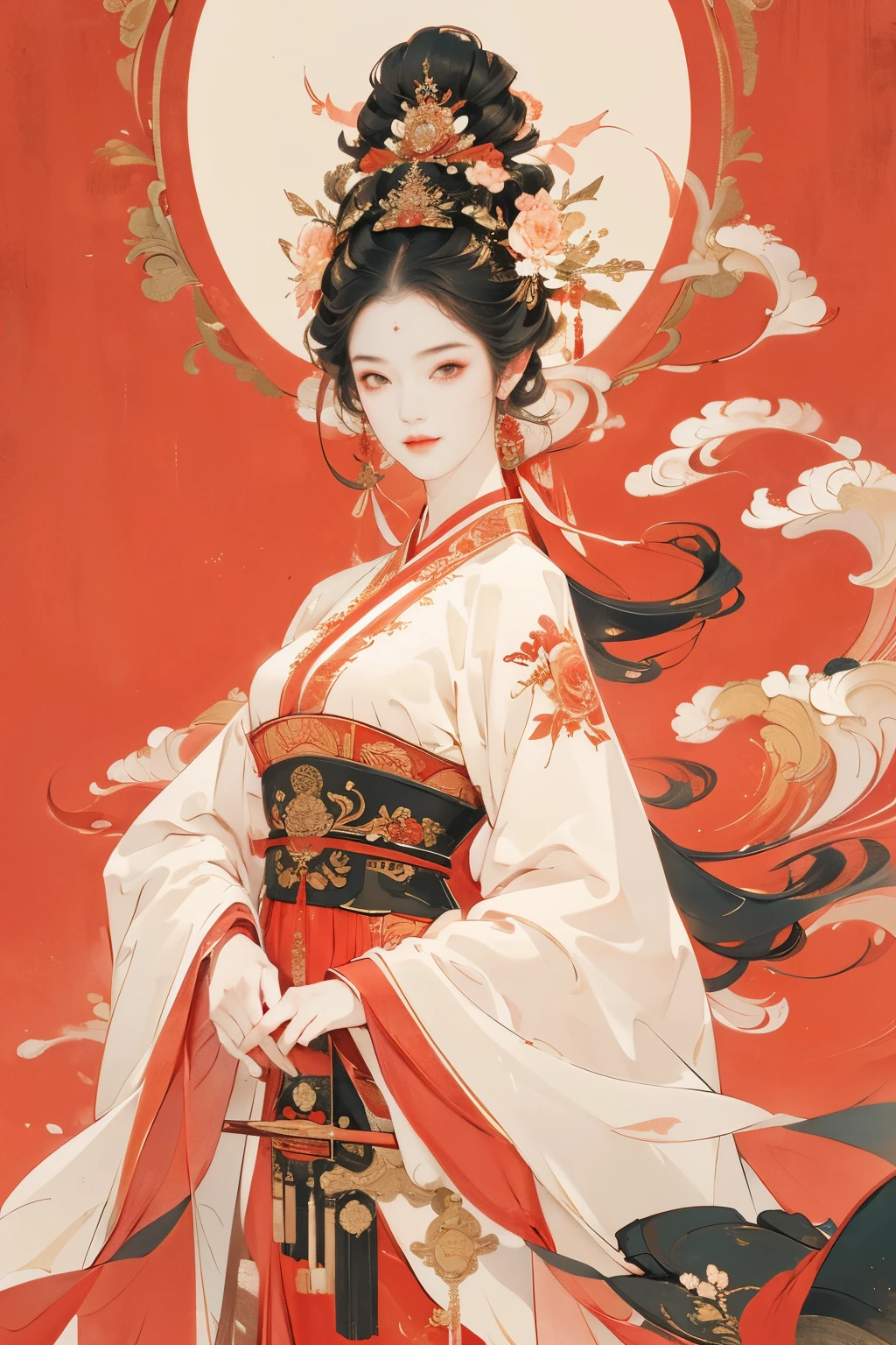 Chinese red ink painting, Female warrior, feminine figure with a sweet smile, Traditional clothing, Sharp and fine sword, peach eyes, graceful pose, dramatic lighting, Bright colors, High contrast, wooden palace background, Floral atmosphere, Dynamic brush strokes, Very high resolution, Fine details, professional quality
