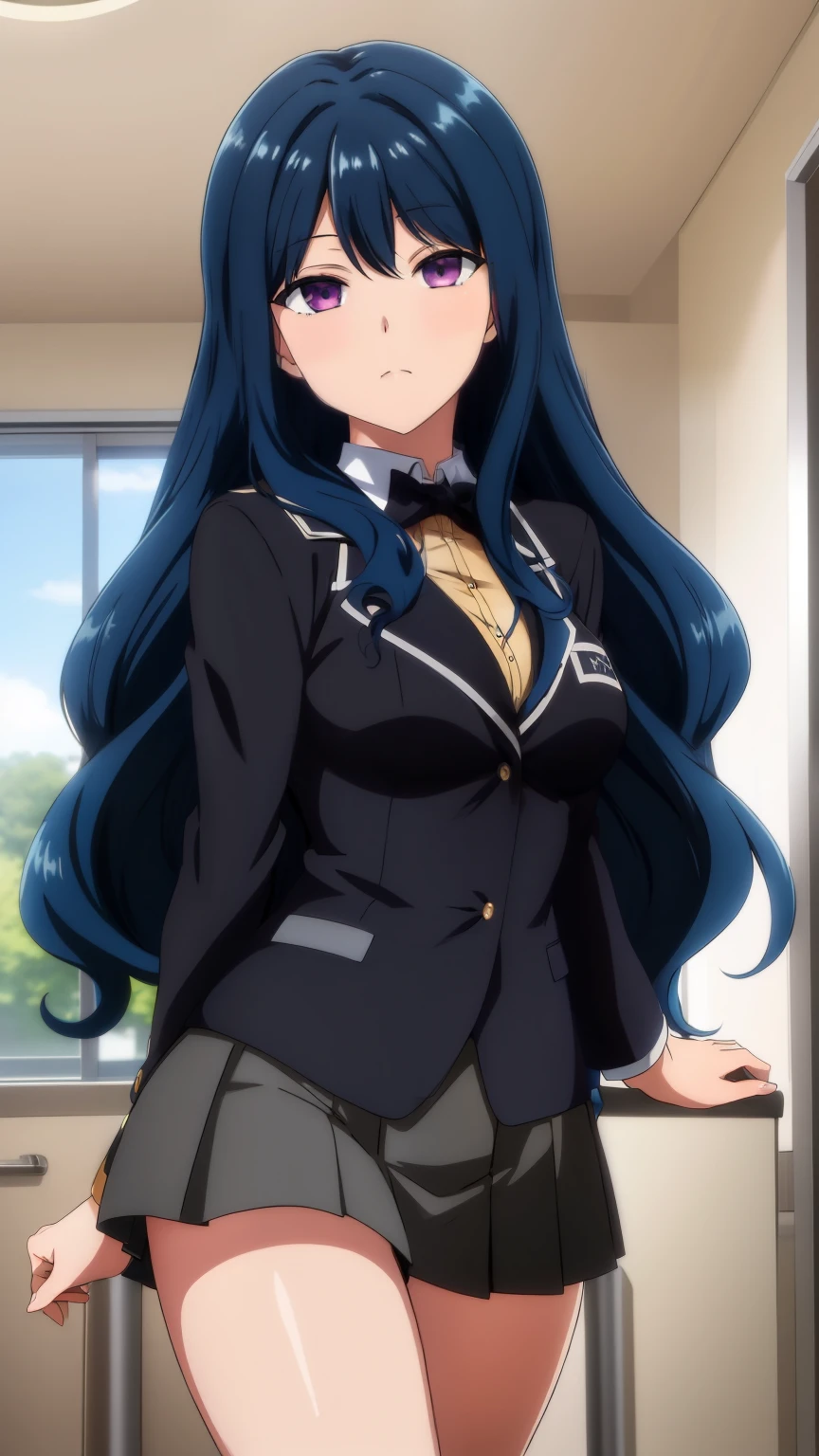 (masterpiece, best quality, high resolution, 8k:1.2),anime art style, nozaki yuu,anime, girl１people,closed mouth, blue hair, very long hair, (wavy hair:1.2), purple eyes, beautiful eyes, highly detailed face, Detailed CG, solo,black blazer, black miniskirt, black socks,looking at the viewer, in the center of the image,Dynamic poses, dynamic angles,