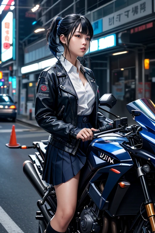 Digital Cyberpunk Art、Highest quality、Ultra-high quality CG Unity 8K、Black Hair Semi-Long、Mechanics、Shiny、Wear a cyberpunk white collared button-up shirt、Wear a cyberpunk navy blue short box pleated skirt、Japanese 、Riding on motorcycle、CBR400Rに乗る、Drive on the highway