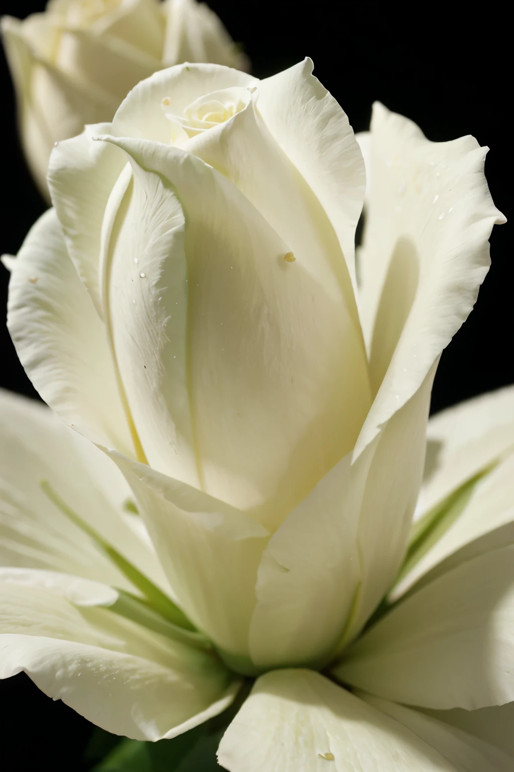 4d image of flower, rose, white petals, black background. Close up view