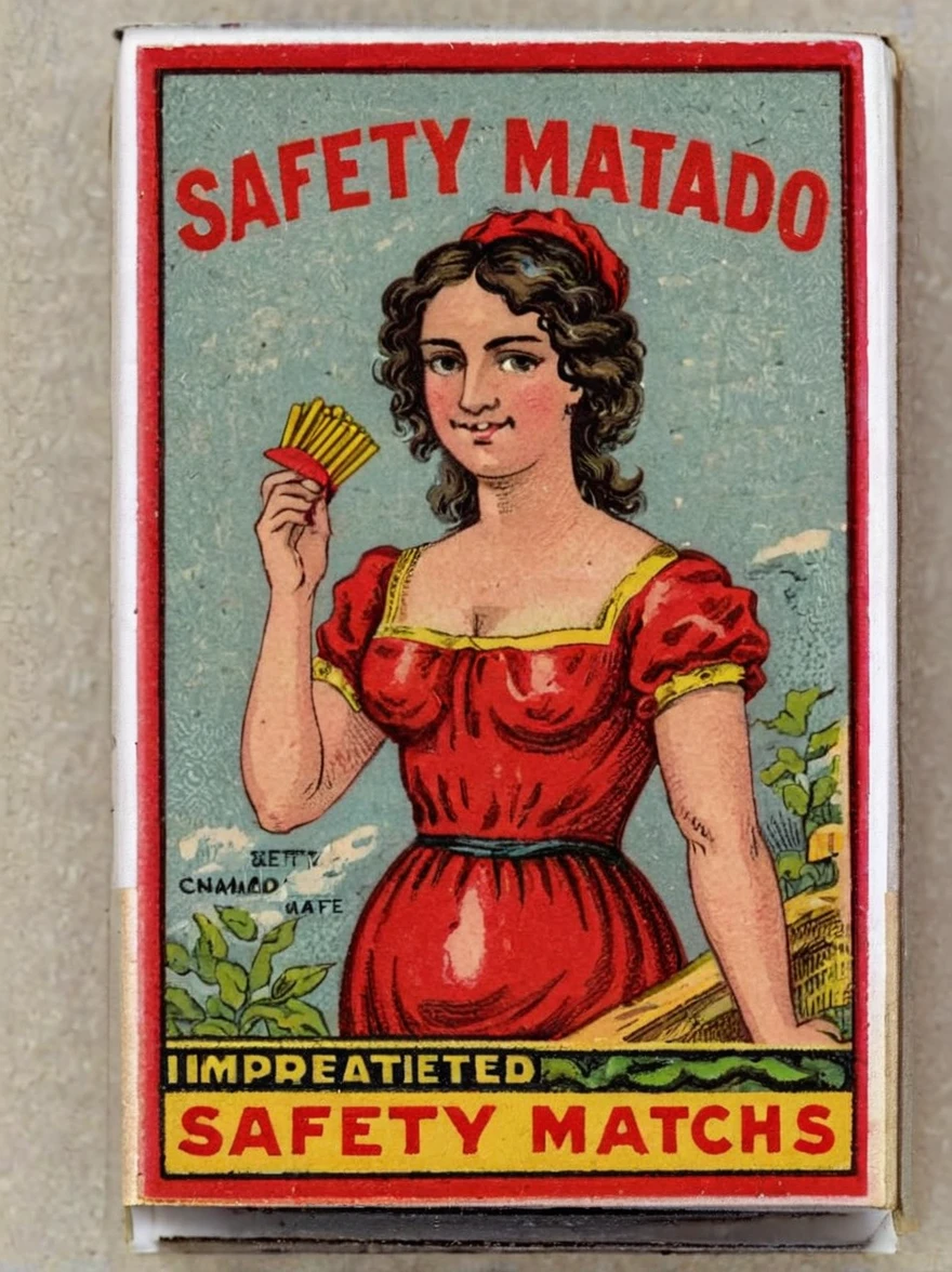 old safety matches, closed matchbox (Chamado "IMPREGNATED SAFETY MATCHES":1.4), detailed illustration of a brunette woman in a red dress, intricado