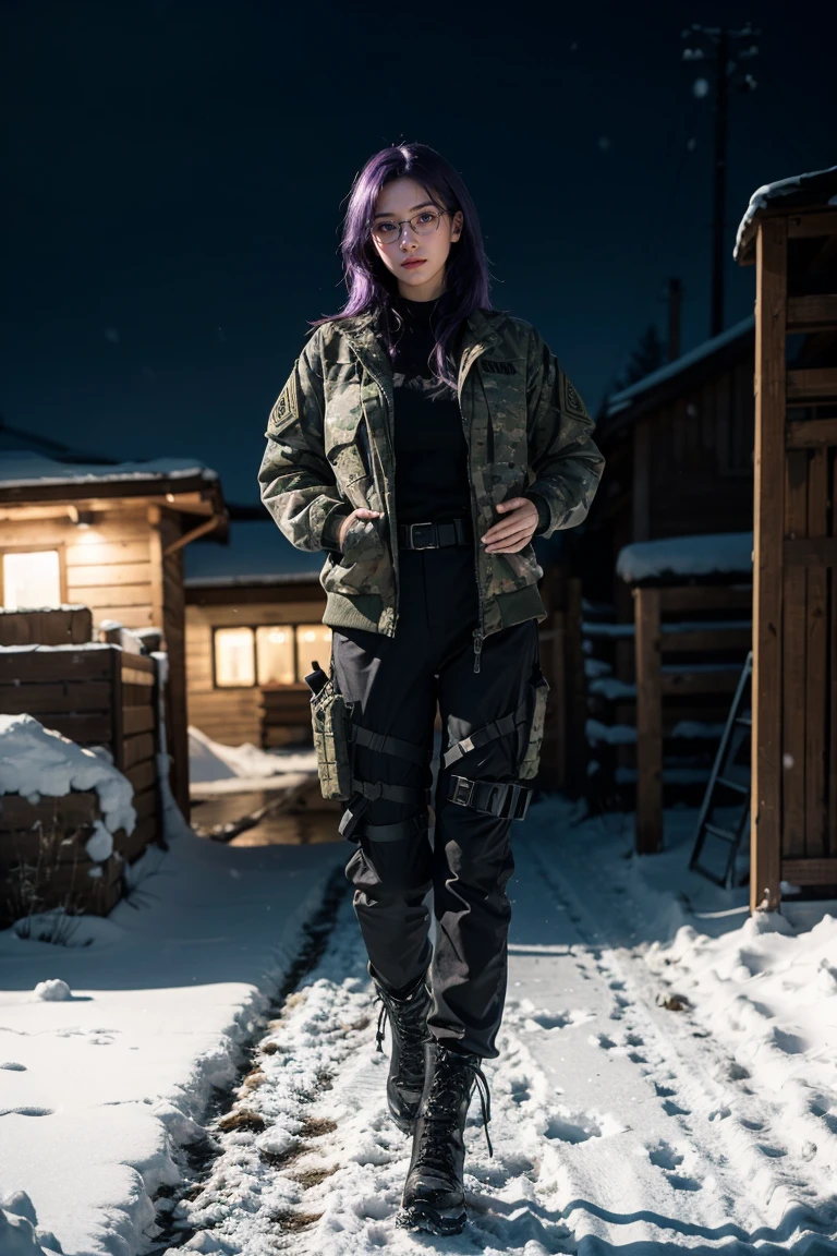 1 girl, beautiful purple hair, blue eyes detailed, wearing glasses, wearing military tactical gear, black military jacket, black military pants, plack military boots, winter, night, snow, realistic, ultra-detailed, HDR, 4k, full body, realistic lighting and contrast
