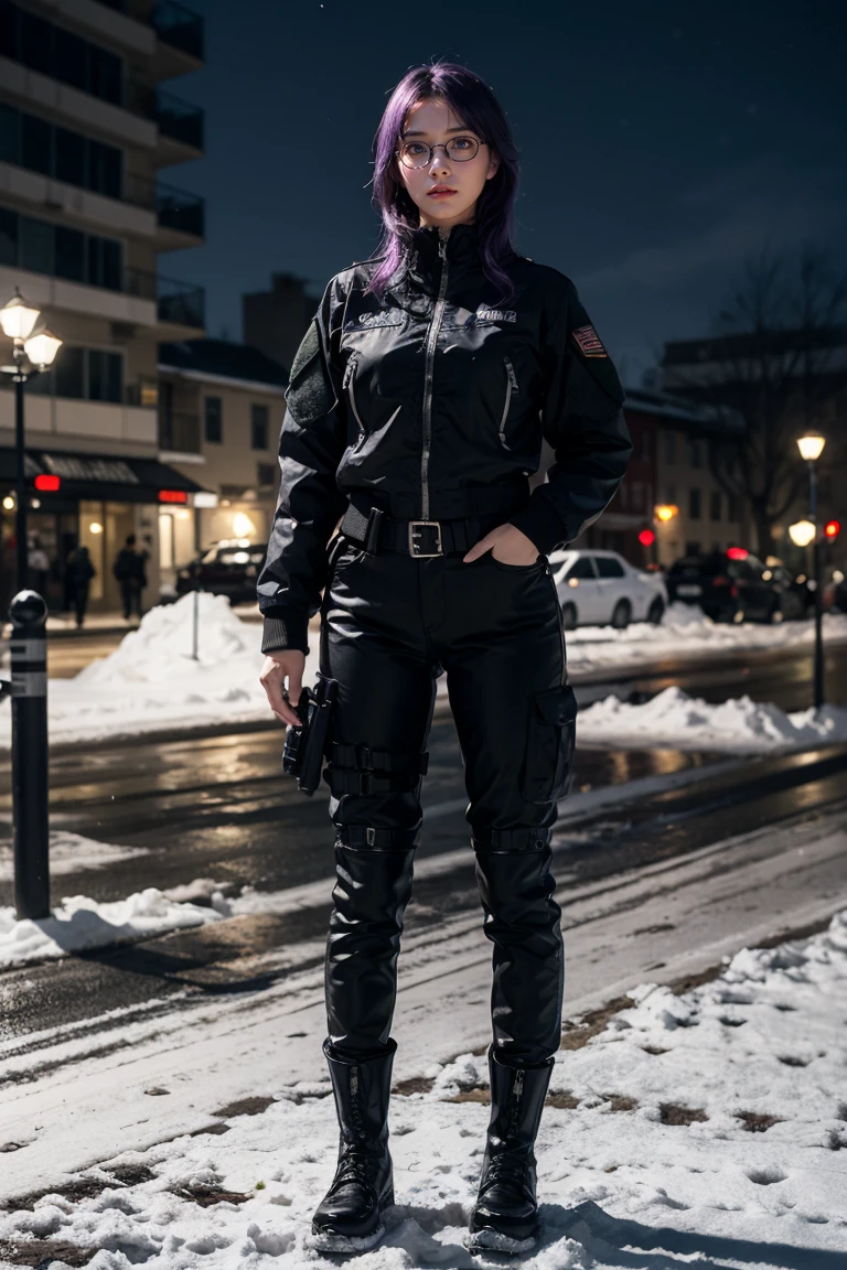 1 girl, beautiful purple hair, blue eyes detailed, wearing glasses, wearing military tactical gear, black military jacket, black military pants, plack military boots, winter, night, snow, realistic, ultra-detailed, HDR, 4k, full body, realistic lighting and contrast