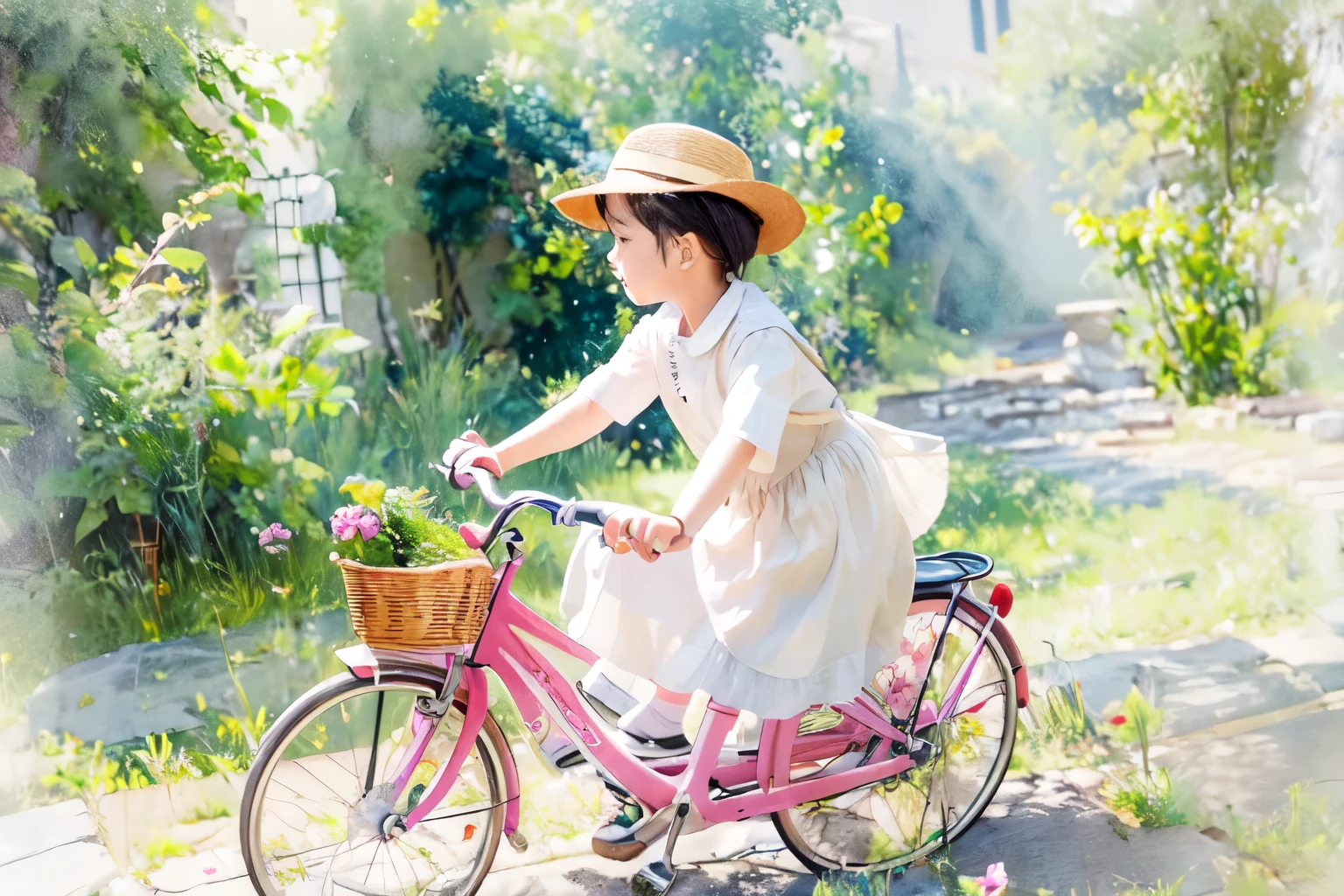 (Highest quality、masterpiece)、(5  girl riding a bicycle)、(Helping Dad:1.4)、(Children's bicycles、whole)、(From the side)、(Cute face)、short hair、White clothes、shoes、(No background)、White Background、Blur the background、(Watercolor of singer Sargent)、Impressionist style painting、