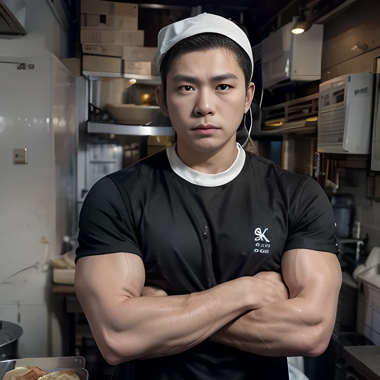 8K, ultra detailed, (realistic:1.2), masterpiece, 40yo, A man wearing a black T-shirt and a white bandana on his head, crossed arms, (fat, muscular:1.0), Ramen restaurant kitchen, standing