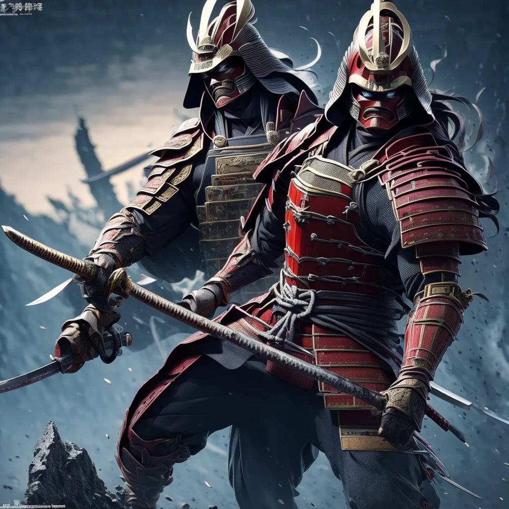 super fine illustration, best quality, powerful warrior, fierce expression, traditional Japanese armor, holding katana, dynamic pose, battlefield background, detailed armor, intense action, swirling dust, vibrant colors, dramatic lighting, epic battle scene, ancient Japan, heroic theme