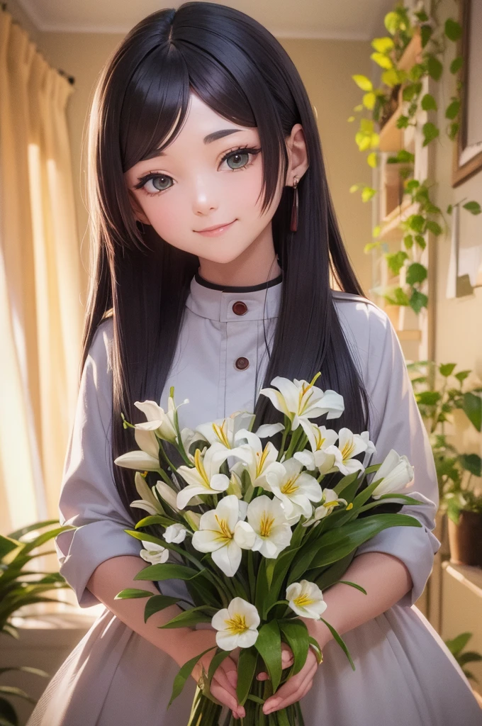 young woman。Young Darling。Gentle smile。Harmonious Faces Bouquet of Lilies