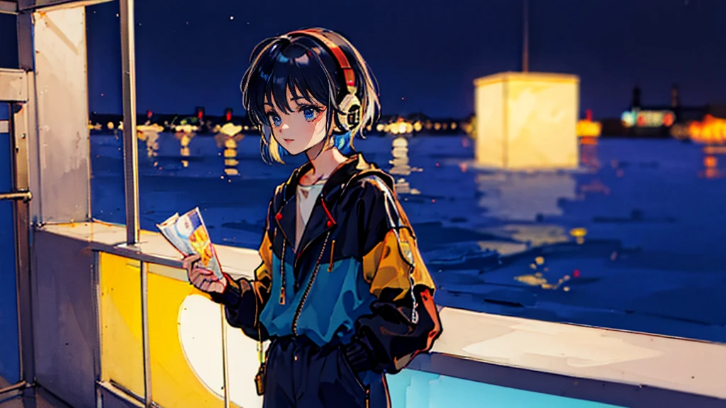 Black short Hair, night, black jacket, One Woman, aquarium, Headphones、Nostalgic