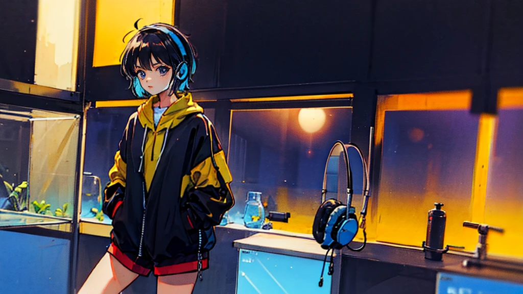 Black short Hair, night, black jacket, One Woman, aquarium, Headphones、Nostalgic