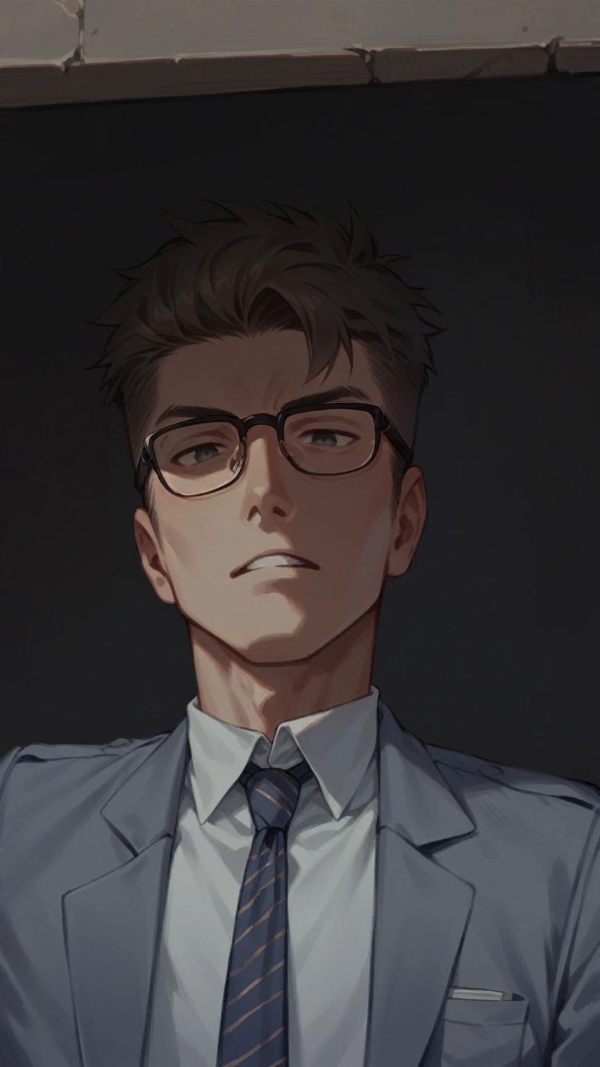 A young man wearing glasses and a dark blue suit. He stands against a light gray background, possibly a wall. The man is adjusting his tie with one hand while the other is in his pocket. He has a confident and poised expression on his face.