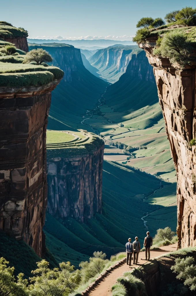 4 people with their backs in the foreground in front of a vast magical valley